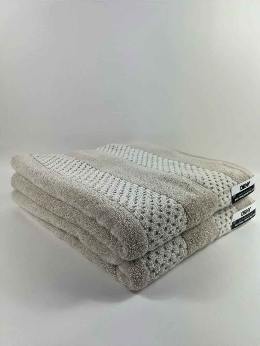 DKNY Bath Towels Tan White Textured Soft Plush 100% Cotton 8 Pc Set NEW